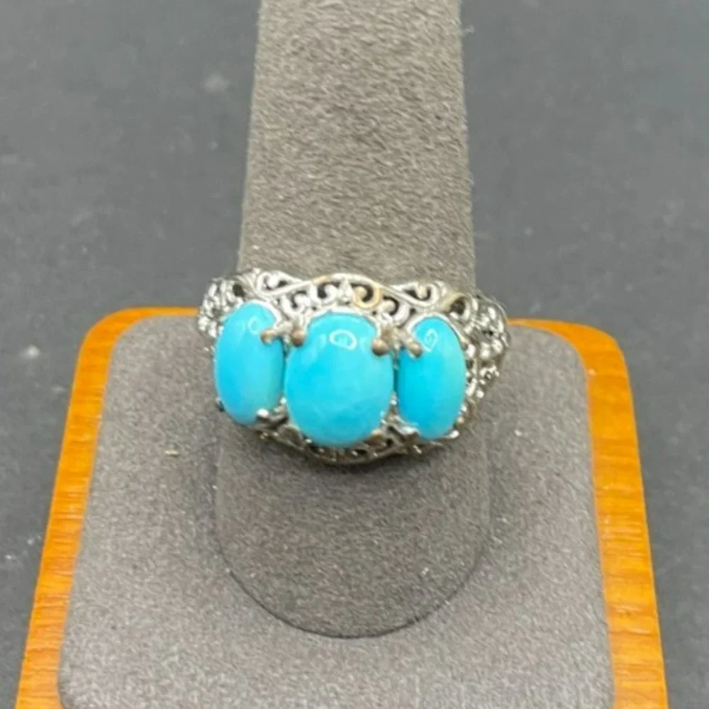 Vintage 925 Sterling Silver 3 Stone Sleeping Beauty Blue Turquoise Ring Sz 10.25